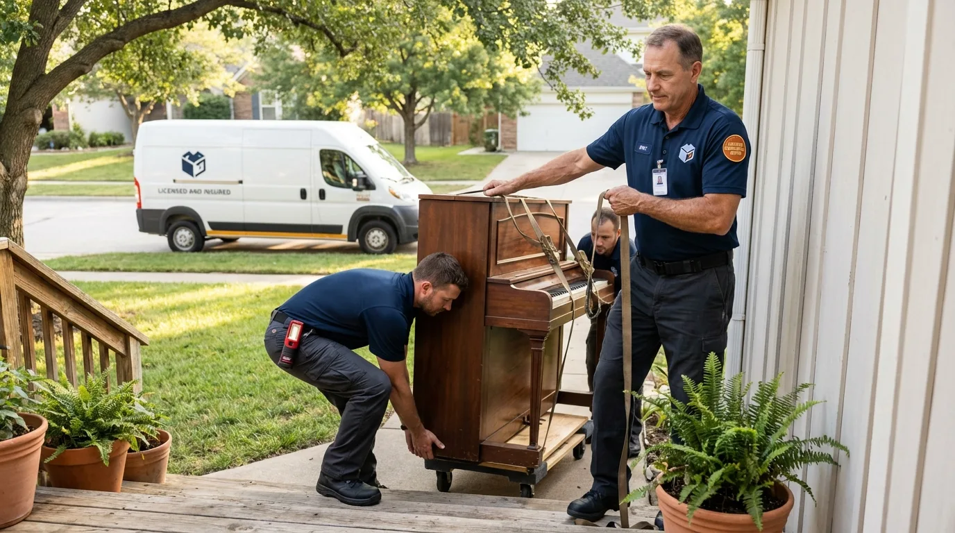 Licensed piano movers securing grand piano in Chino Hills, CA