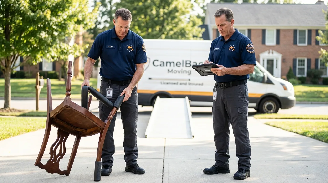 Movers inspecting furniture for damage prevention before loading in Chino Hills, CA