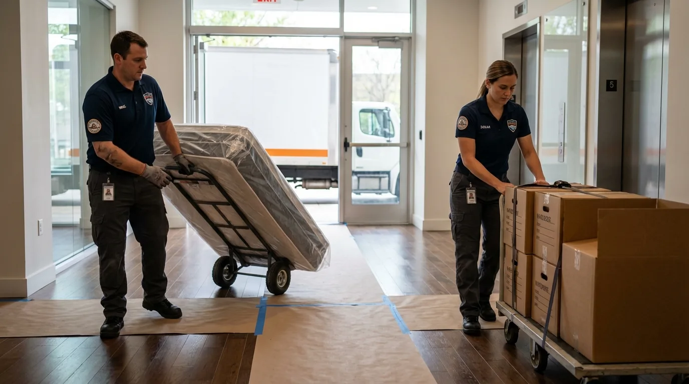 Professional apartment movers loading elevator in Chino Hills, CA