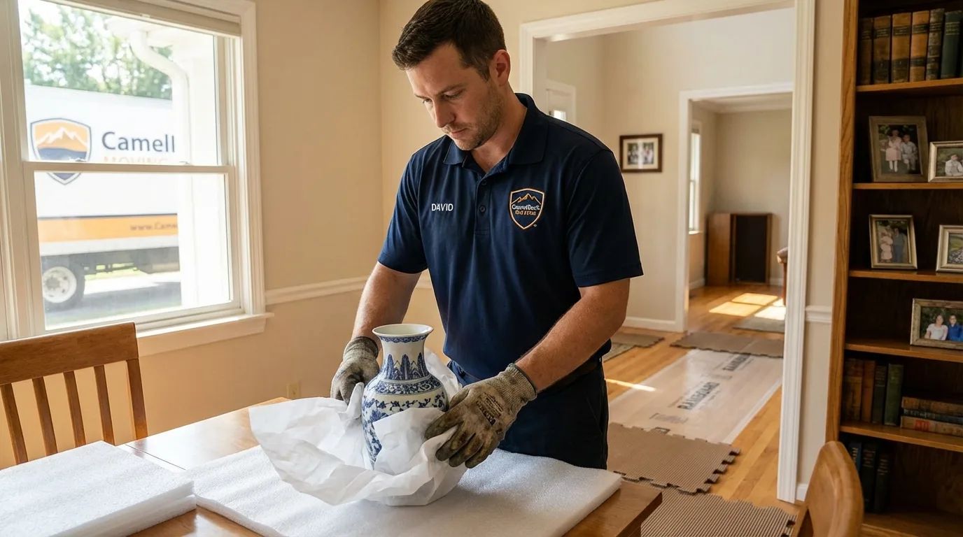 Professional crew carefully wrapping antique vase for senior downsizing move in Chino Hills, CA